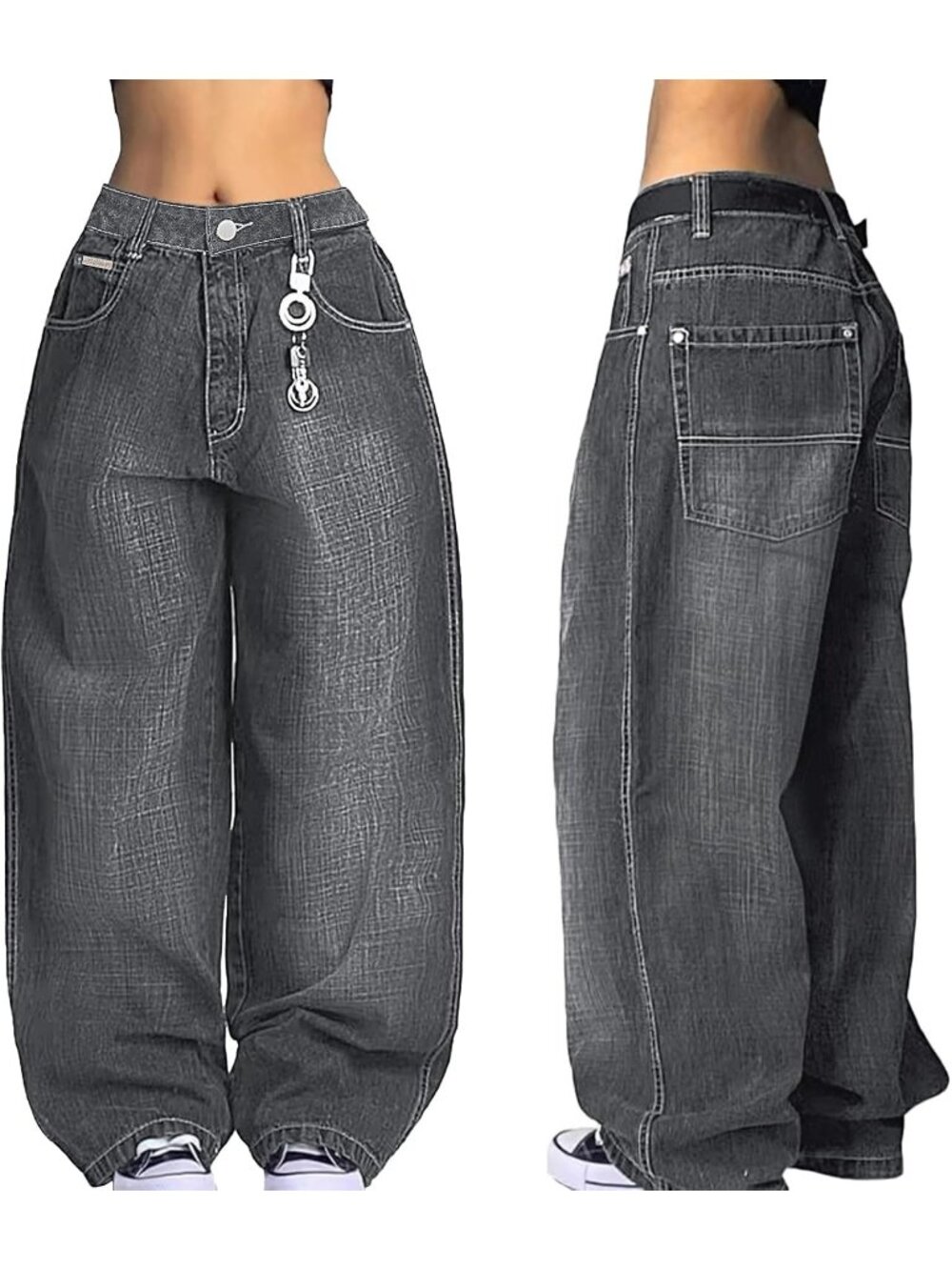 Women Grey Denim Pants Y2k Pull On Wide Leg Waisted Mid Rise Baggy Jeans